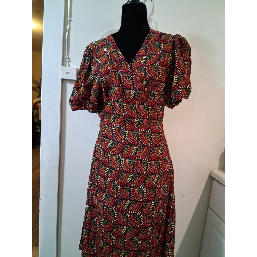 Silk & Salt Womens Geometric Fan Print Wrap Midi Dress XL Red Orange Olive